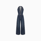 Velina | Denim Jumpsuit for Women - V Neck Sleeveless Wide Leg Pocket Vintage Loose Casual Fit-Jumpsuit-Dark Blue-XS-Camoufit