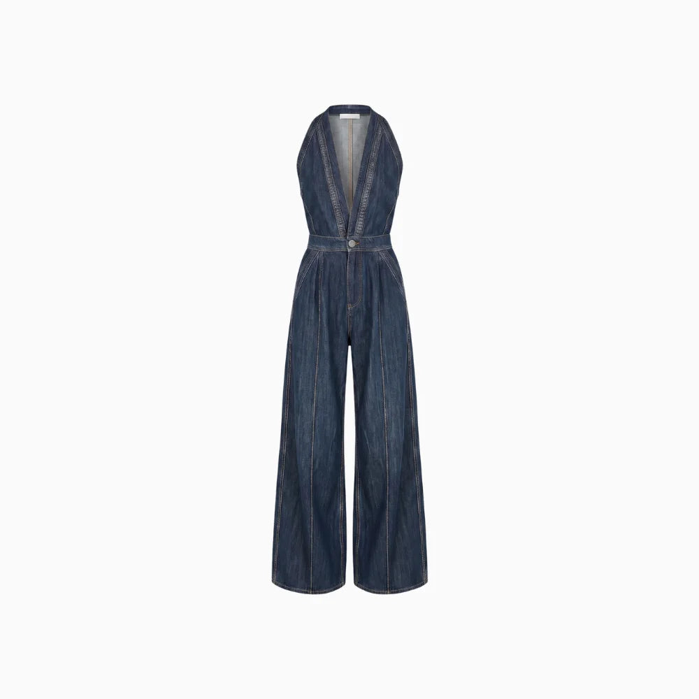 Velina | Denim Jumpsuit for Women - V Neck Sleeveless Wide Leg Pocket Vintage Loose Casual Fit-Jumpsuit-Dark Blue-XS-Camoufit