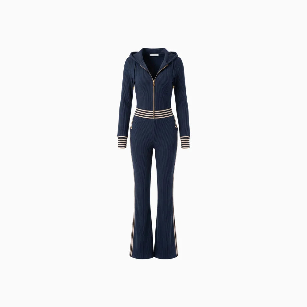 Aloura | Hooded Jumpsuit for Women - V Neck Zipper Knitted Dark Blue Retro Slim Sport Fit-Jumpsuit-Dark Blue-XS-Camoufit