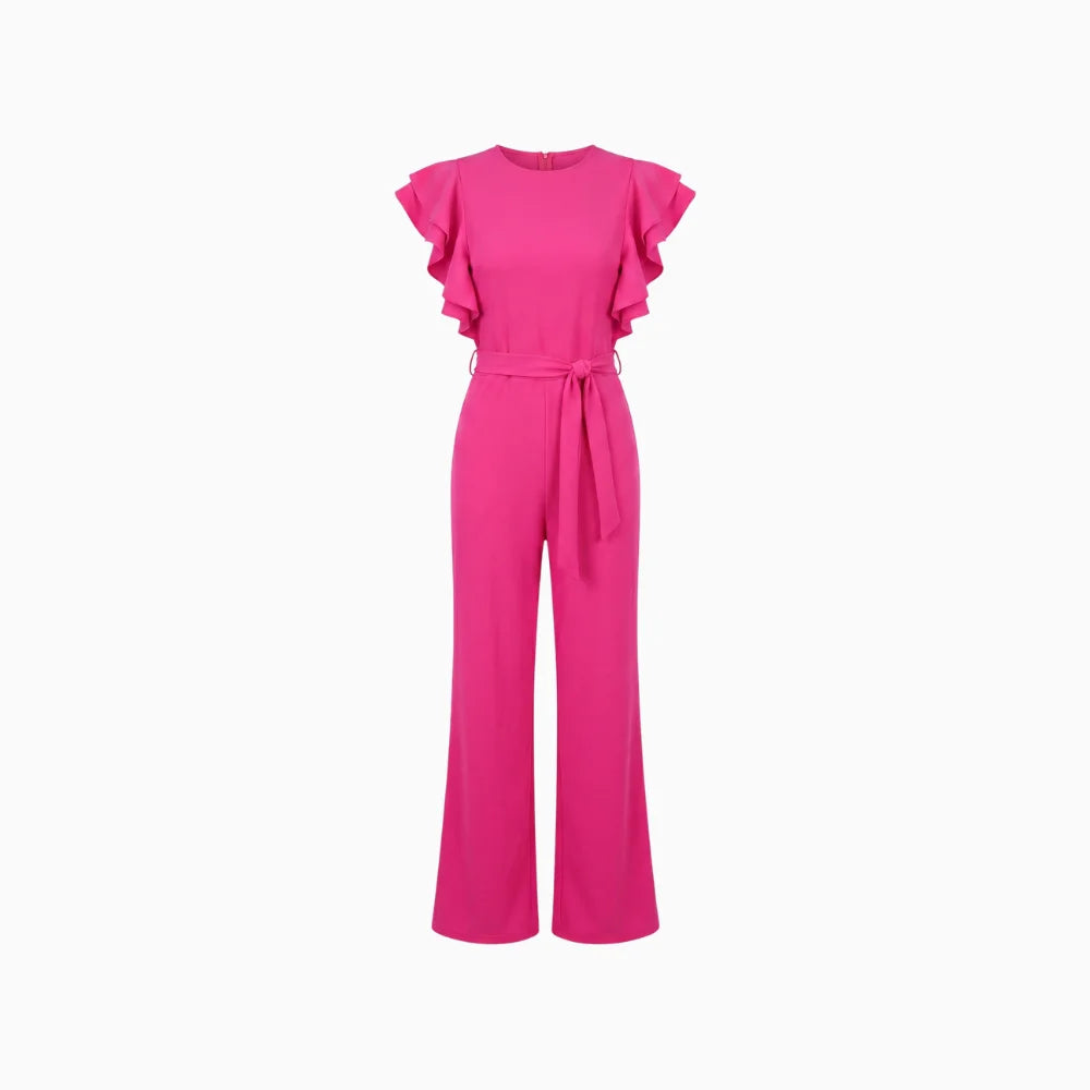 Mireya | Women's Bow Tie Wide Leg Jumpsuit Flutter Sleeve Belted Waist Elegant Tailored Playsuit-Jumpsuit-Beige-S-Camoufit