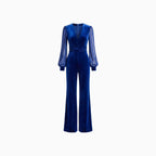 Roséa | Velvet Jumpsuit for Women - V Neck Mesh Long Sleeve Royal Blue Vintage Flattering Fit-Jumpsuit-Royal Blue-XS-Camoufit