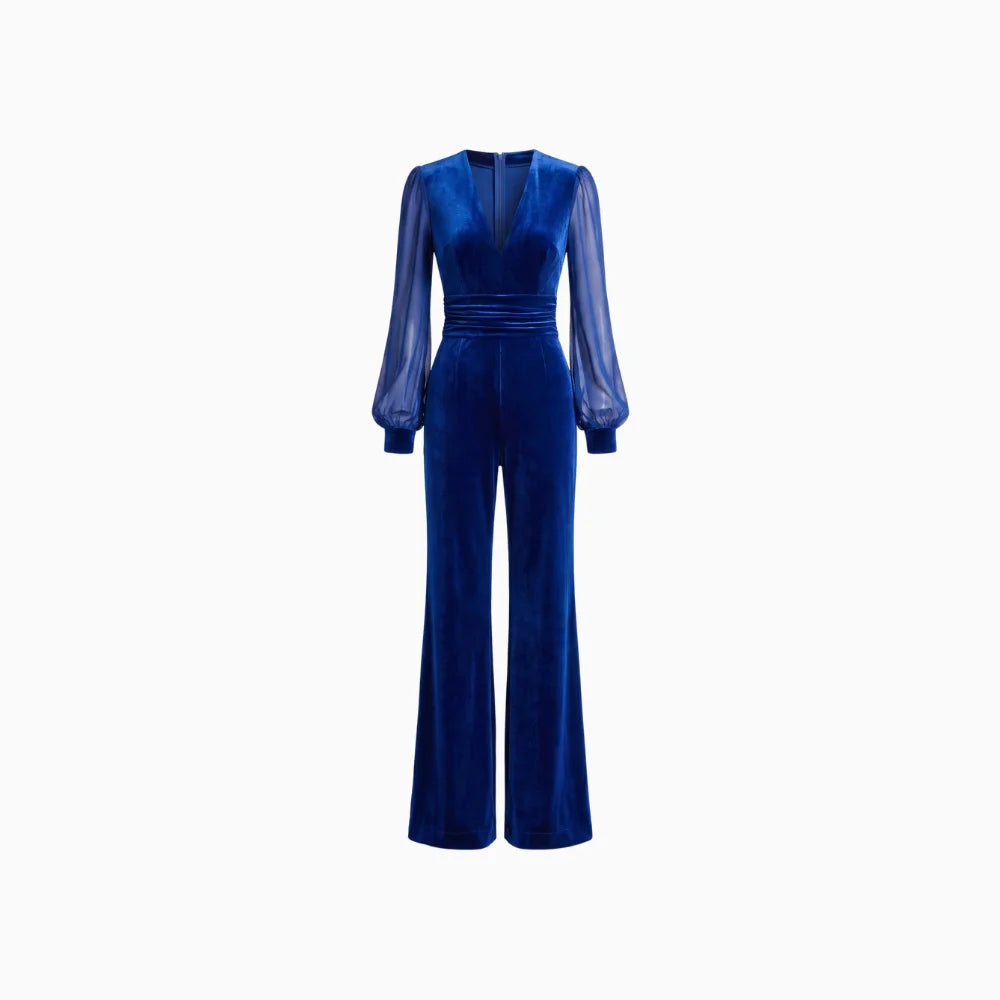 Roséa | Velvet Jumpsuit for Women - V Neck Mesh Long Sleeve Royal Blue Vintage Flattering Fit-Jumpsuit-Royal Blue-XS-Camoufit