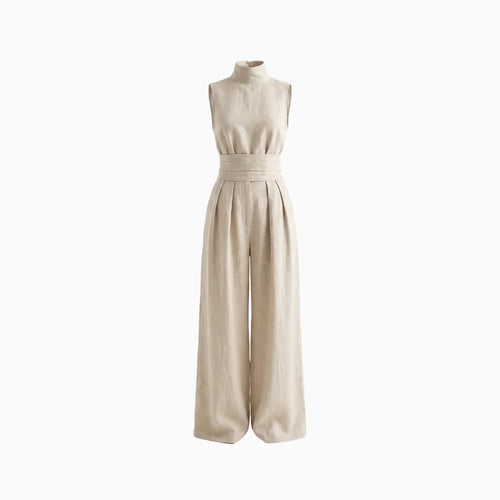 Alviera | Cotton Linen Jumpsuit for Women - High Neck Sleeveless Wide Leg Elegant Regular Fit-Jumpsuit-Light Blue-S-Camoufit