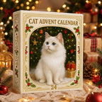 Cat advent calendar box close-up with white cat portrait, gift icon, and “24”