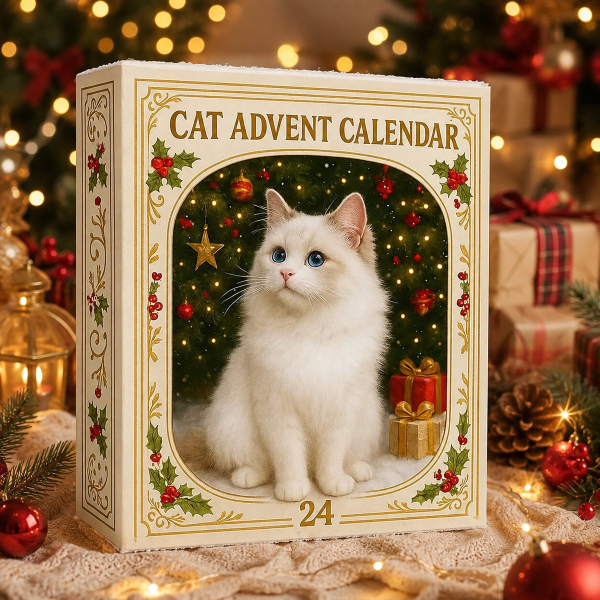 Cat advent calendar box close-up with white cat portrait, gift icon, and “24”