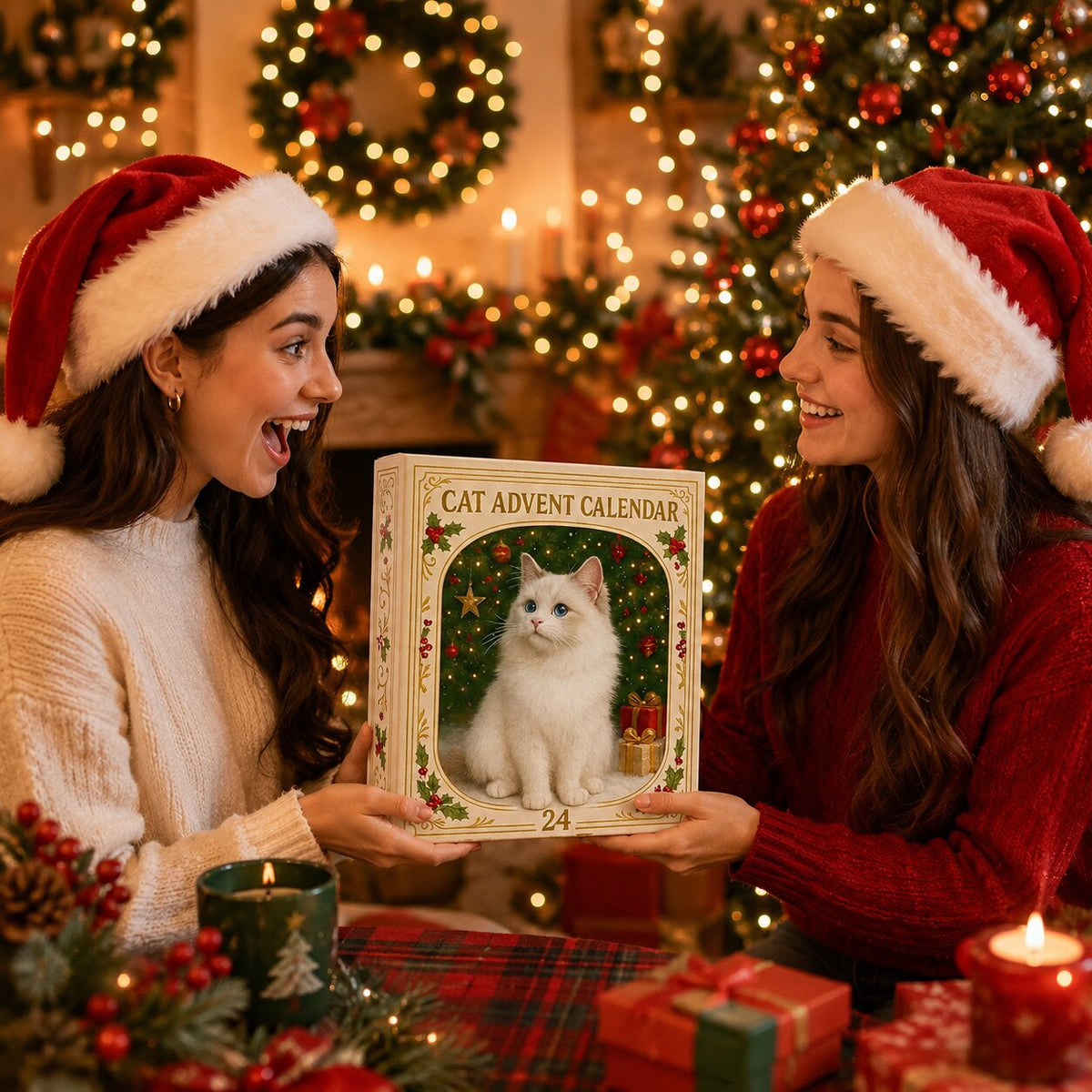 Cat advent calendar box held by two people wearing Santa hats, white cat on cover
