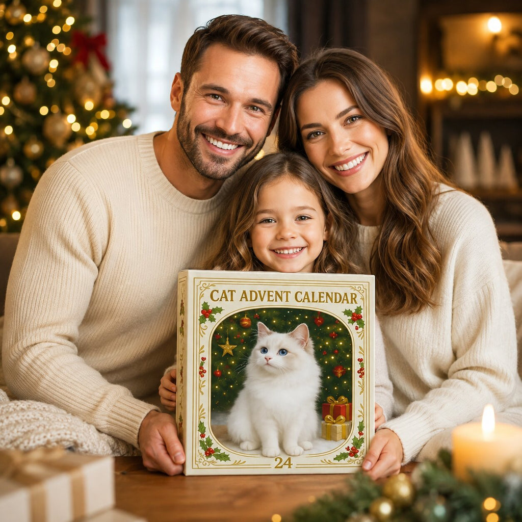 Cat advent calendar box held by a family, showing white cat and “CAT ADVENT CALENDAR 24”