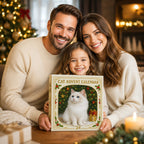 Cat advent calendar box held by a family, showing white cat and “CAT ADVENT CALENDAR 24”