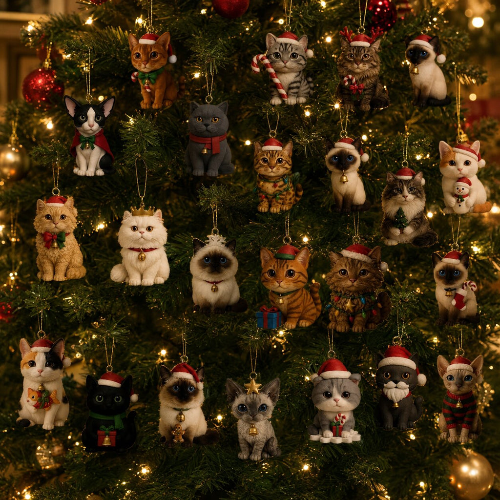 Christmas tree decorated with hanging cat figurine ornaments for a cat advent calendar