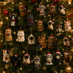 Christmas tree decorated with hanging cat figurine ornaments for a cat advent calendar
