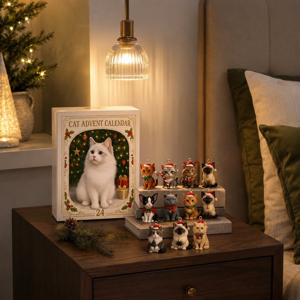 Cat advent calendar box displayed on a pedestal with small cat figurines beside it