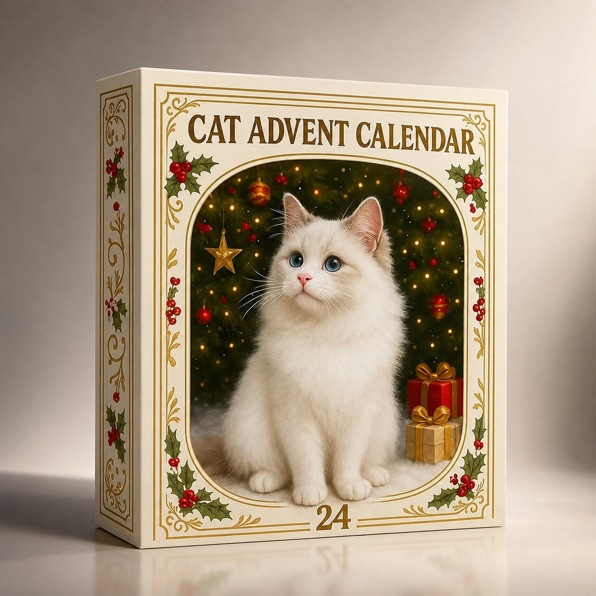 Cat advent calendar box shown from the front with white cat portrait and “24”