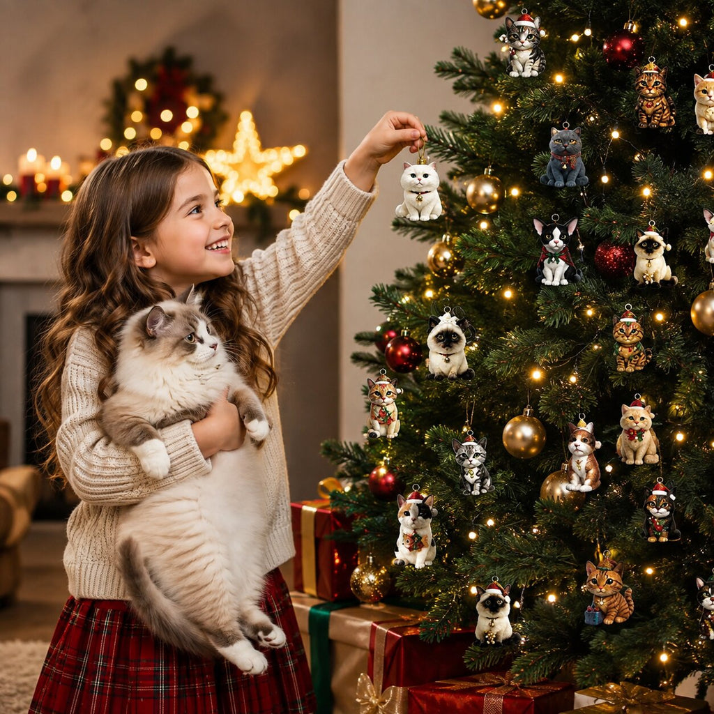 Cat advent calendar with 24 cat figurine ornaments on a decorated Christmas tree