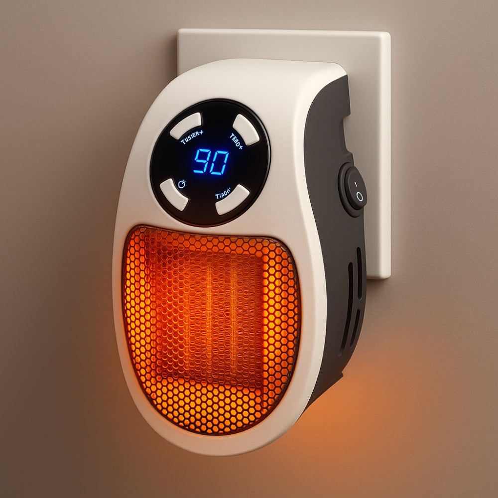 White mini wall plug-in heater with orange glowing heat grille and LED thermostat