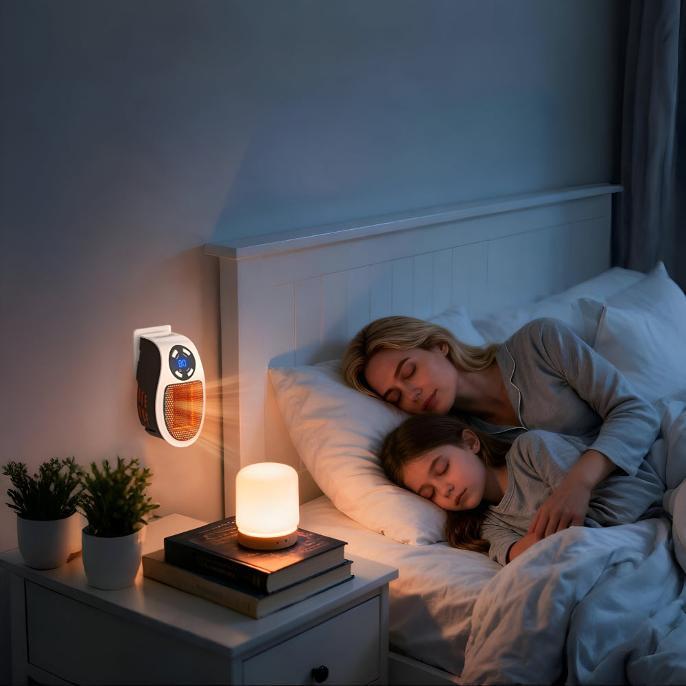 Wall plug-in heater with orange glowing core beside a nightstand