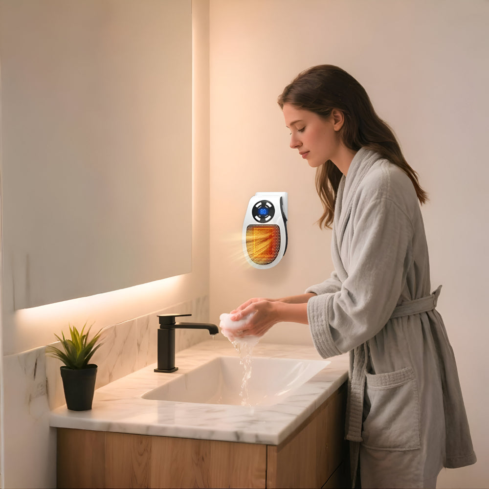 White plug-in wall heater with orange glow and visible LED thermostat display