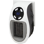 White mini wall plug-in heater with blue LED timer display and heat grille