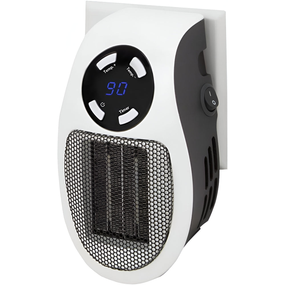 White mini wall plug-in heater with blue LED timer display and heat grille