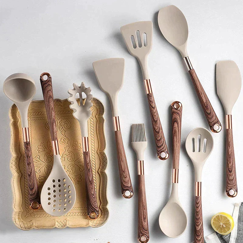 Assorted beige silicone spatulas and spoons with brown wooden handles, 10-piece set