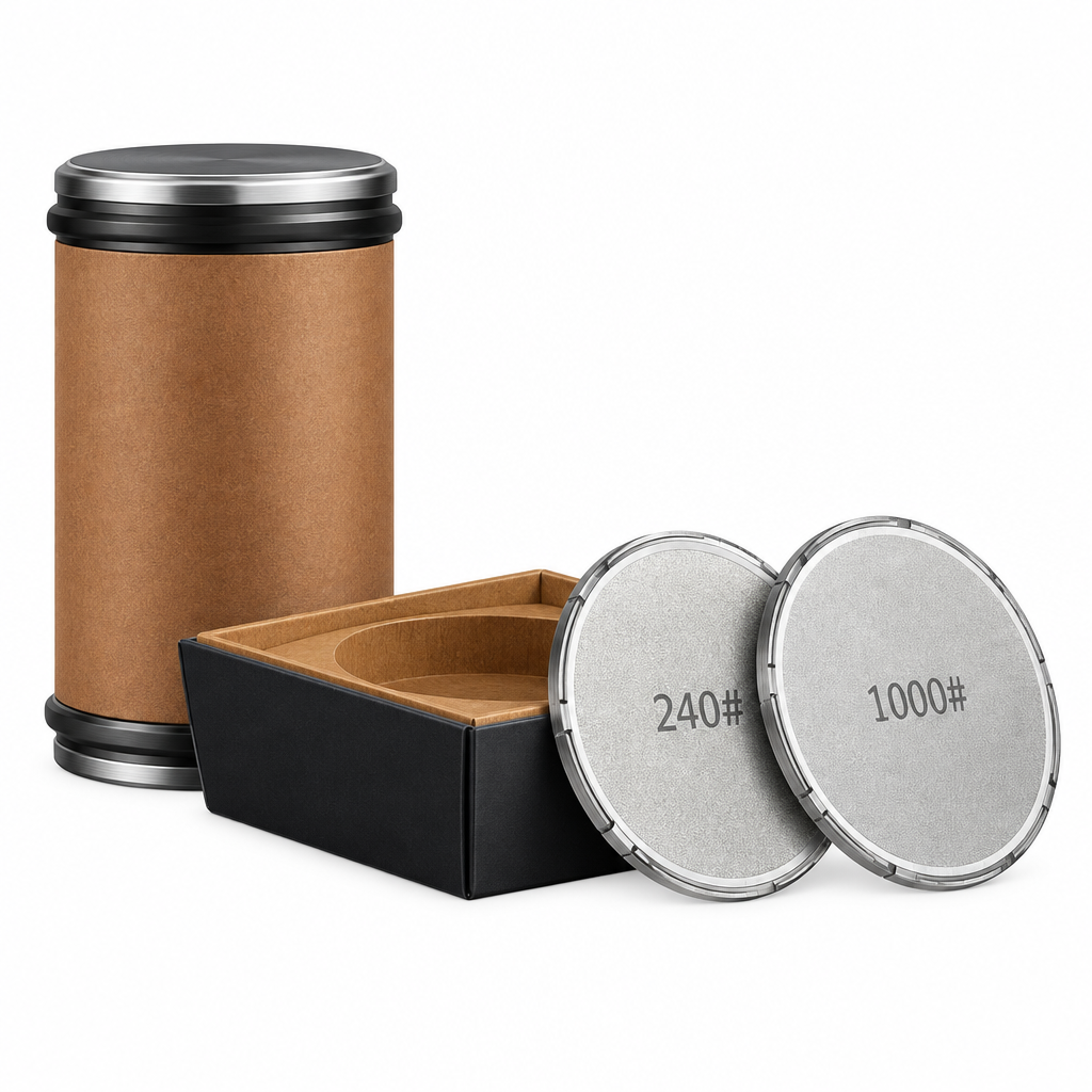 Knife sharpener set with rolling diamond sharpening discs 240# and 1000#, plus container