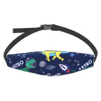 Child car seat headrest strap with navy space and “ASTRO” graphic print