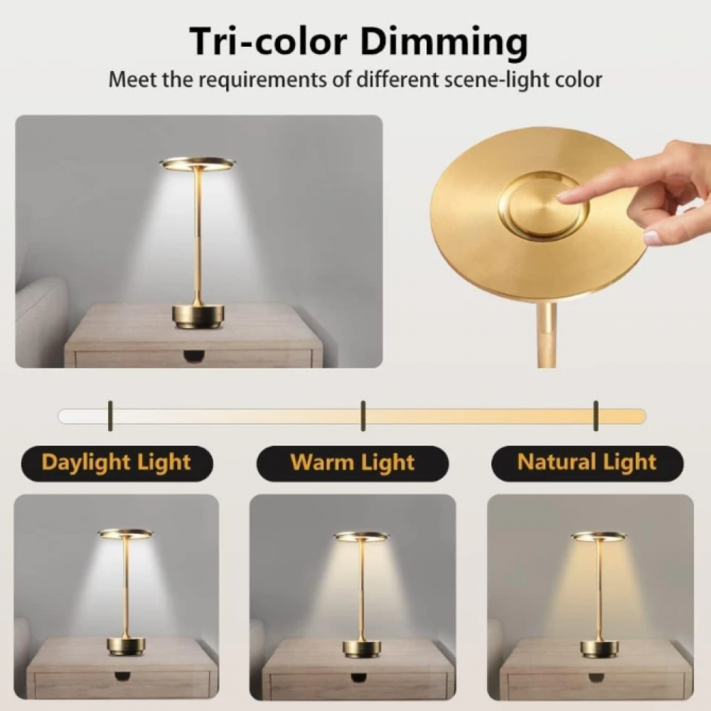Cordless LED table lamp with slim stem and round top shade, touch dimming shown