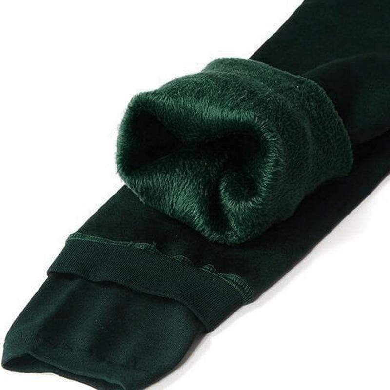 Fleece-lined winter leggings, deep green with plush green fleece cuff at the ankle
