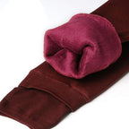 Fleece-lined winter leggings with plush burgundy-red interior, folded view at knee