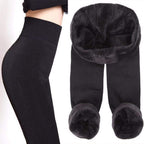 Fleece-lined winter leggings, black with rolled fuzzy fleece cuffs and smooth leg fabric