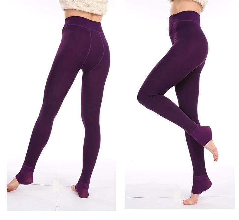 Fleece-lined winter leggings, purple worn high on the waist with long tapered legs