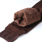 Fleece-lined winter leggings, brown with plush tan fleece cuff detail at ankle