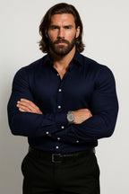 Auren | Long Sleeve Dress Shirt for Men - Relaxed Fit Casual Polished Refined Everyday Fit-Men's Shirt-Navy Blue-XS-Camoufit