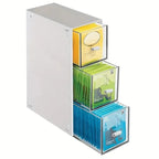 Tea box organizer with 3 clear drawer compartments, white frame; open for tea storage