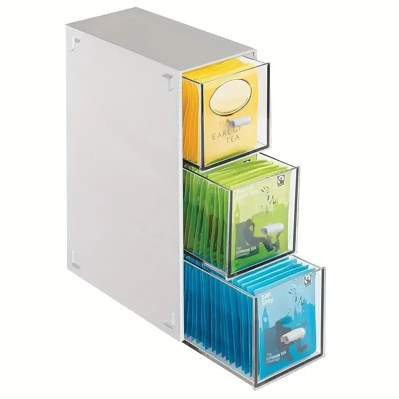 Tea box organizer with 3 clear drawer compartments, white frame; open for tea storage