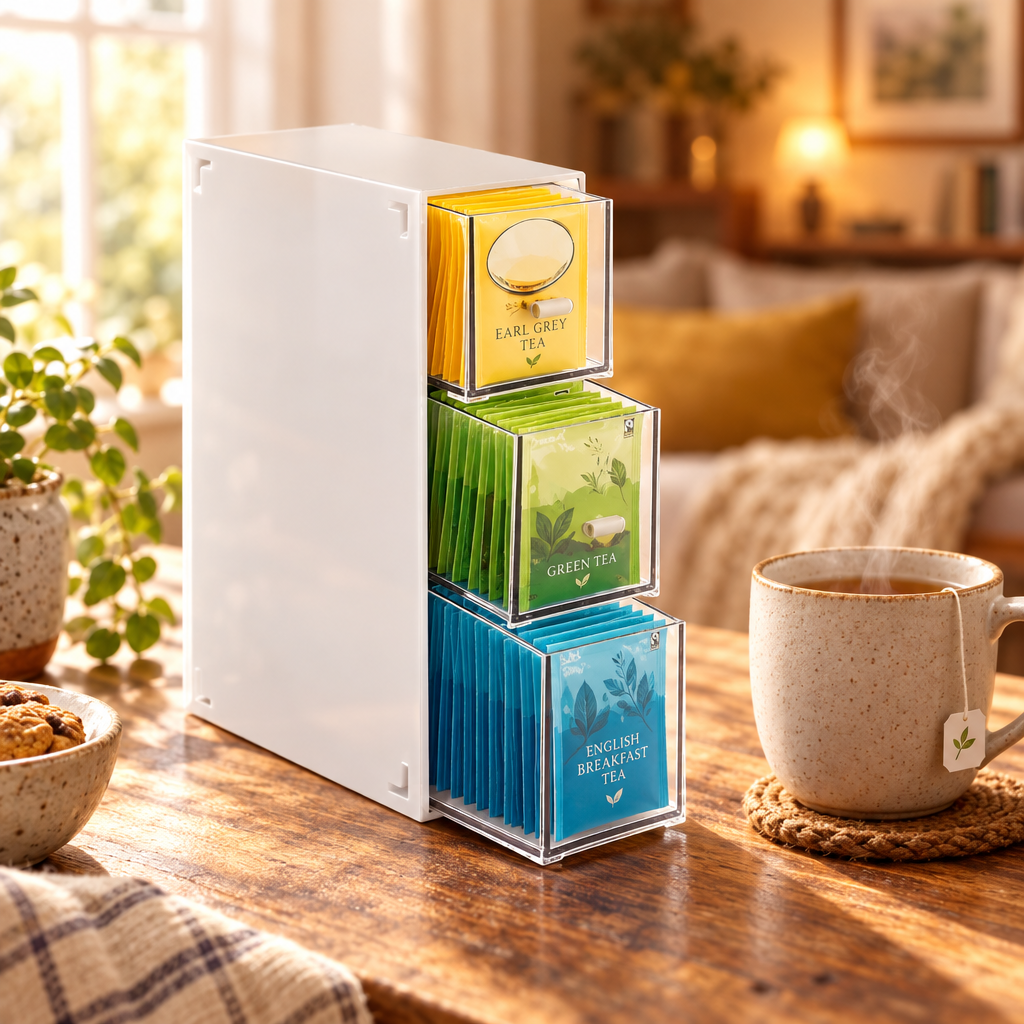 White cabinet-style tea organizer with 3 clear drawers for tea bags