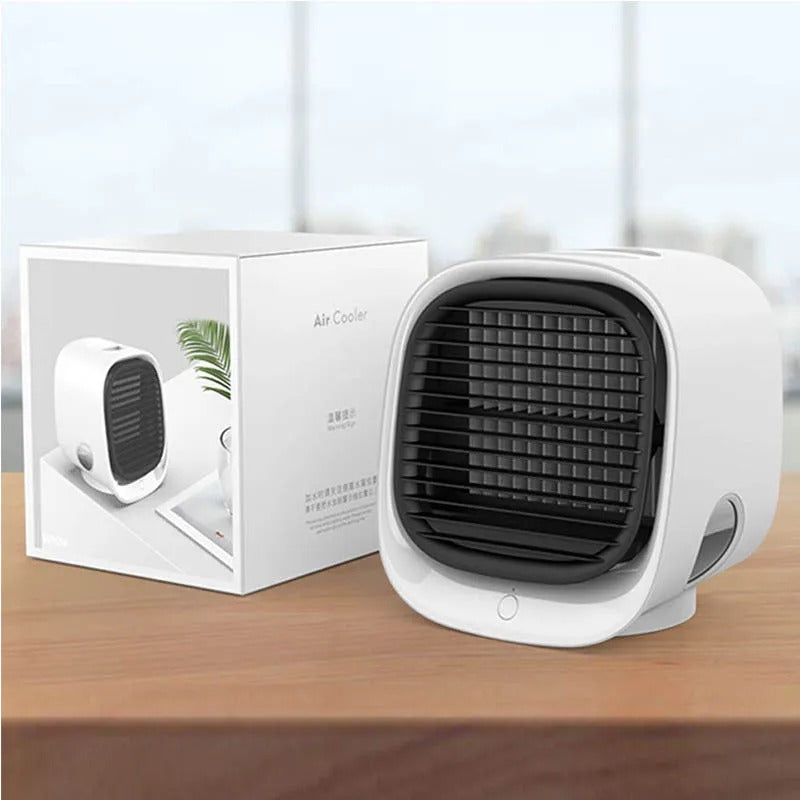 Portable air cooler humidifier, white compact unit with front grille and side knob