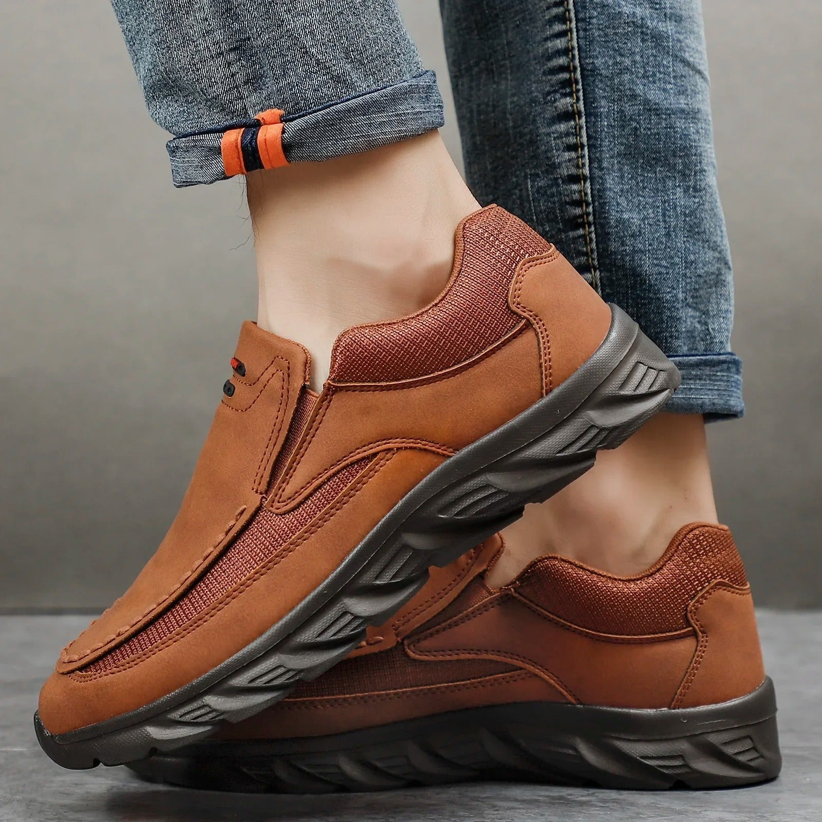 Bellaro | Slip On Loafers for Men - Nubuck Hybrid Textured Panel Casual Regular Fit-Men's Shoes-Brown-6-Camoufit