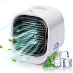 Portable air cooler humidifier, white compact unit with vent grille and mist effect