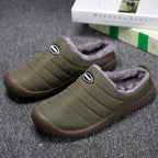 Men's lined slip-on slippers in green with faux-fur collar and textured rubber sole