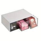 Tea box organizer with 3 drawers, white exterior; top open showing tea packets