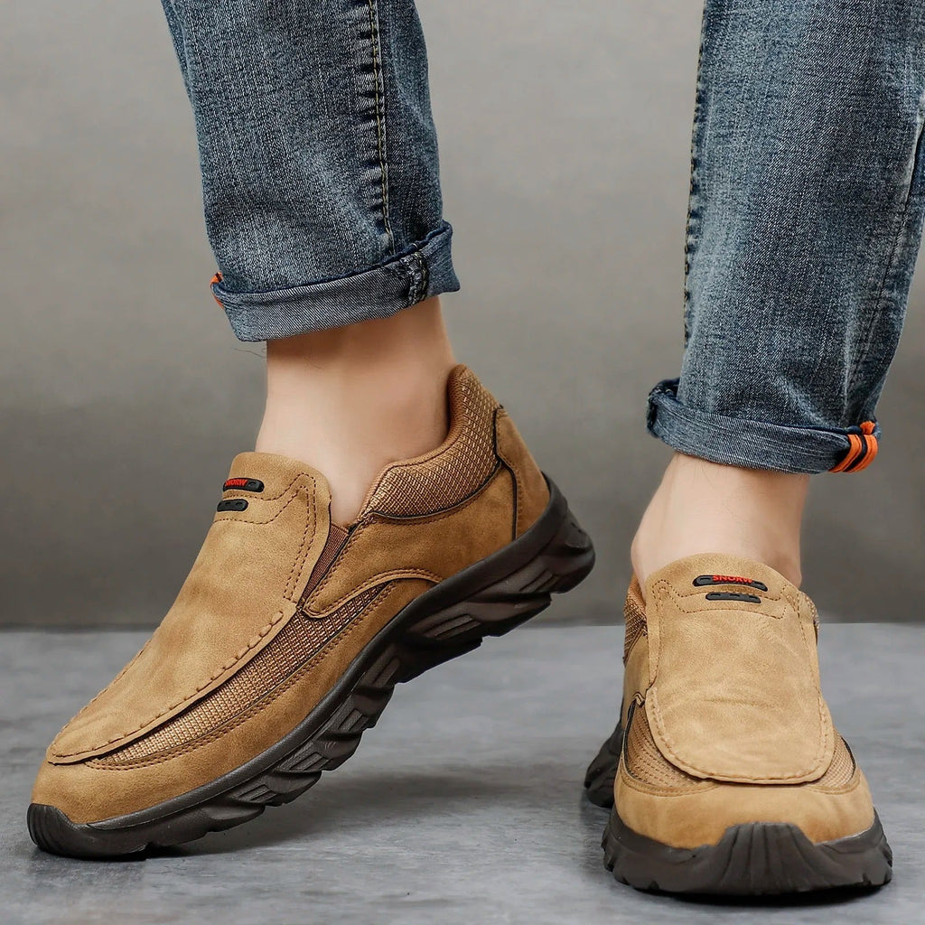Bellaro | Slip On Loafers for Men - Nubuck Hybrid Textured Panel Casual Regular Fit-Men's Shoes-Brown-6-Camoufit