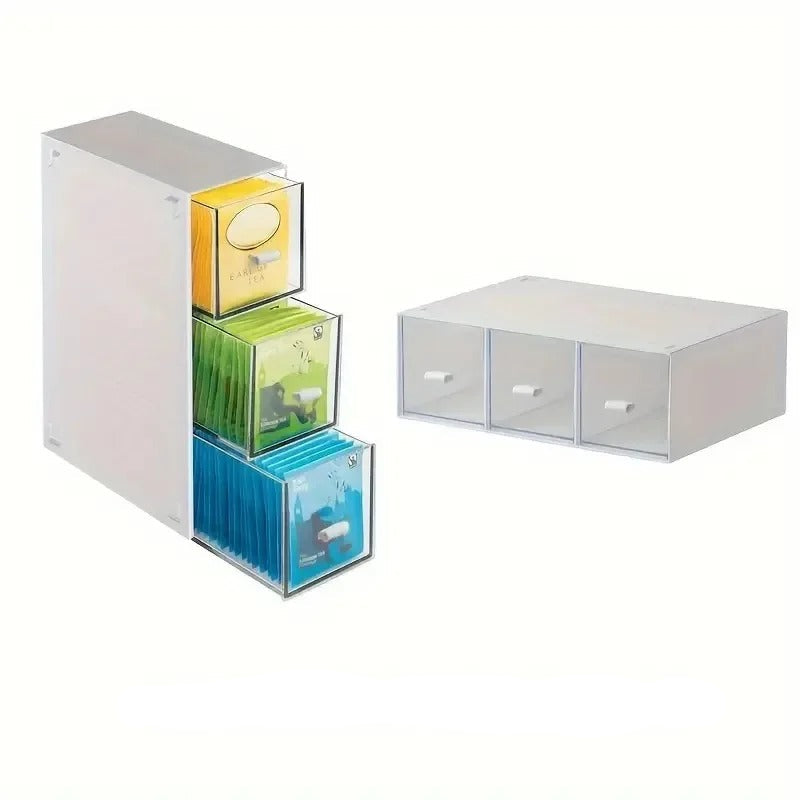 Tea box organizer set: white box with 3 drawer units, clear fronts for tea storage
