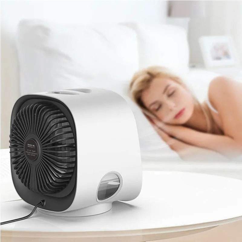 Portable air cooler humidifier with front grille, white compact desk unit