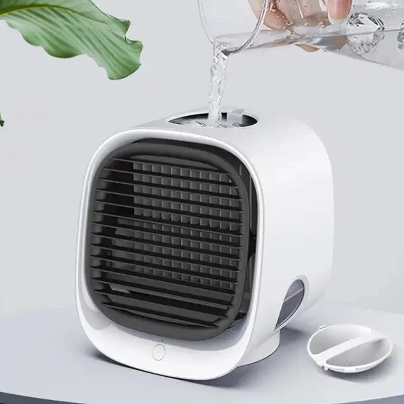 Portable air cooler humidifier, white mini unit with top water pour opening
