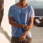 Elvio | Round Neck T Shirt for Men - Short Sleeve Cotton Relaxed Casual Everyday Fit-Men's T-shirt-Light Blue-XS-Camoufit