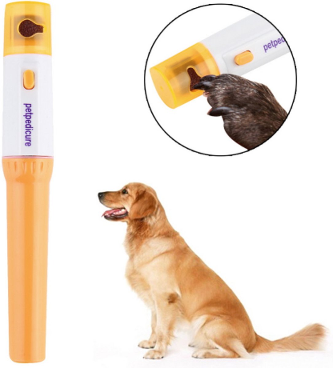 Cordless pet nail grinder with orange ergonomic handle and sanding head cover