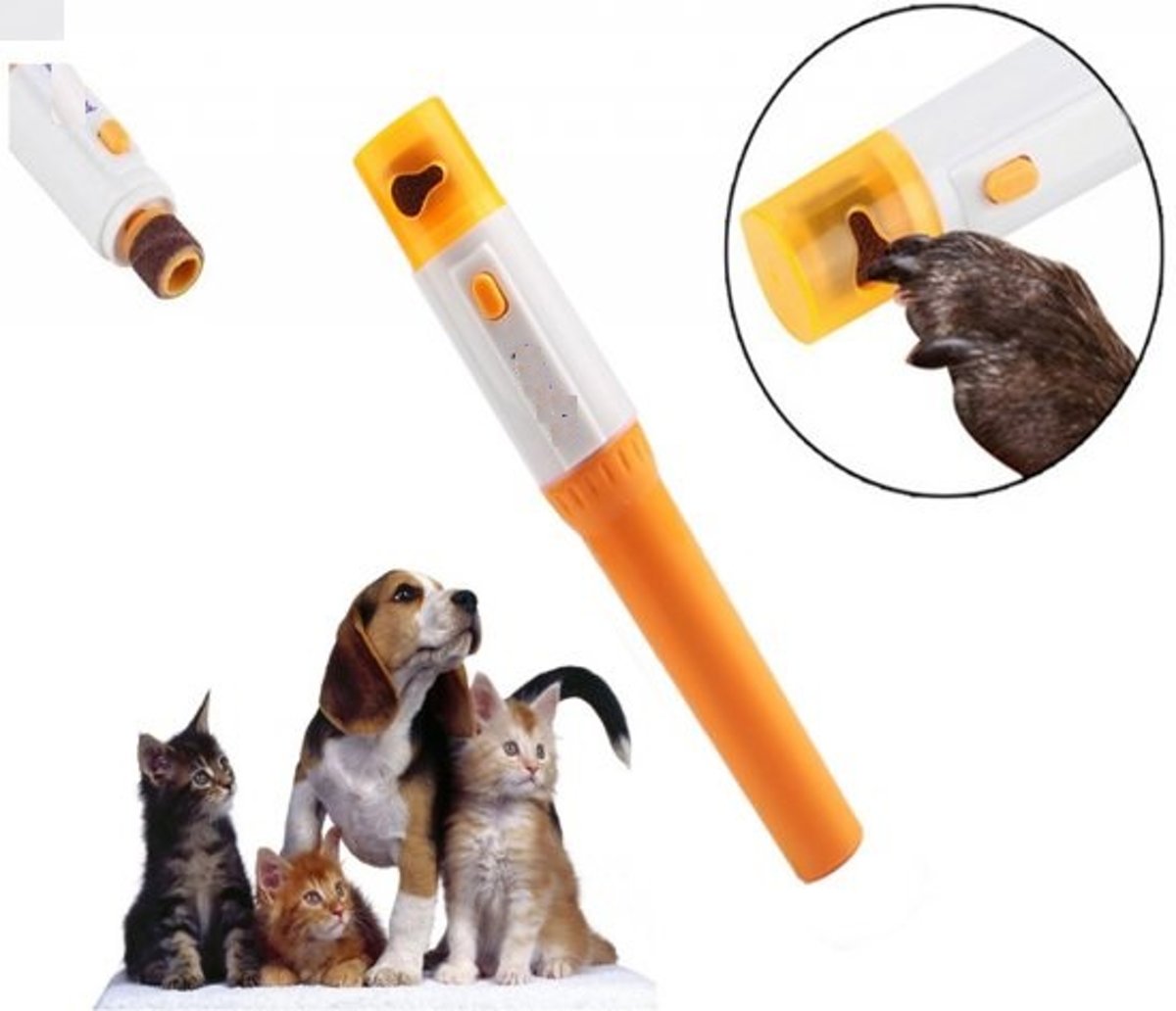 Electric pet nail grinder with orange-and-white handle and safety guard, with pets