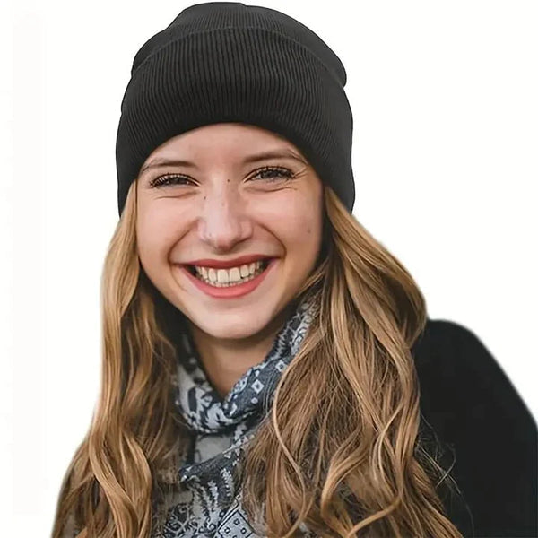Satin-lined beanie hat in black, ribbed knit cuff, one-size winter beanie