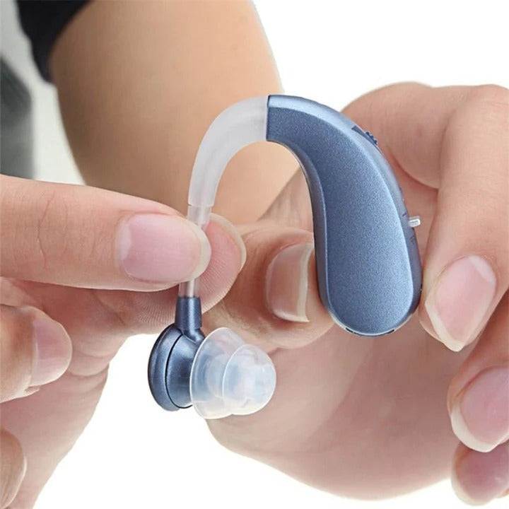 Rechargeable Bluetooth hearing amplifier earbud, blue behind-the-ear with clear earpiece