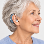 Blue behind-the-ear hearing amplifier worn with clear earpiece on older woman's ear